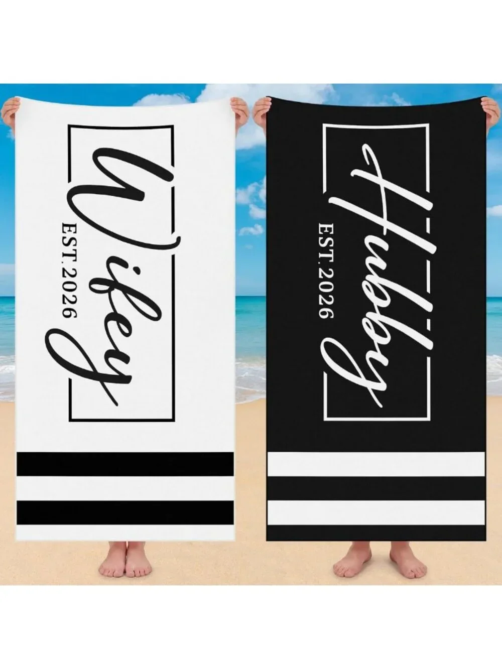Set of 2 Wifey Hubby Beach Towels - Classic Mr & Mrs Design for Summer Fun